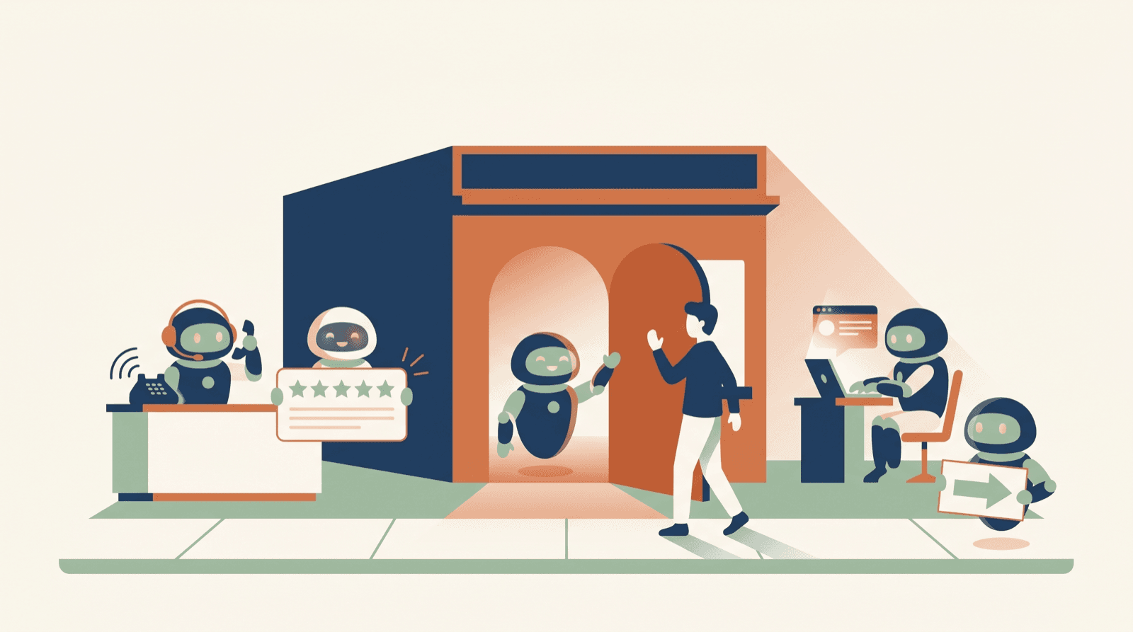 A welcoming storefront with AI assistants answering the phone, holding up a five-star review, replying at a laptop, and greeting a customer at the open door