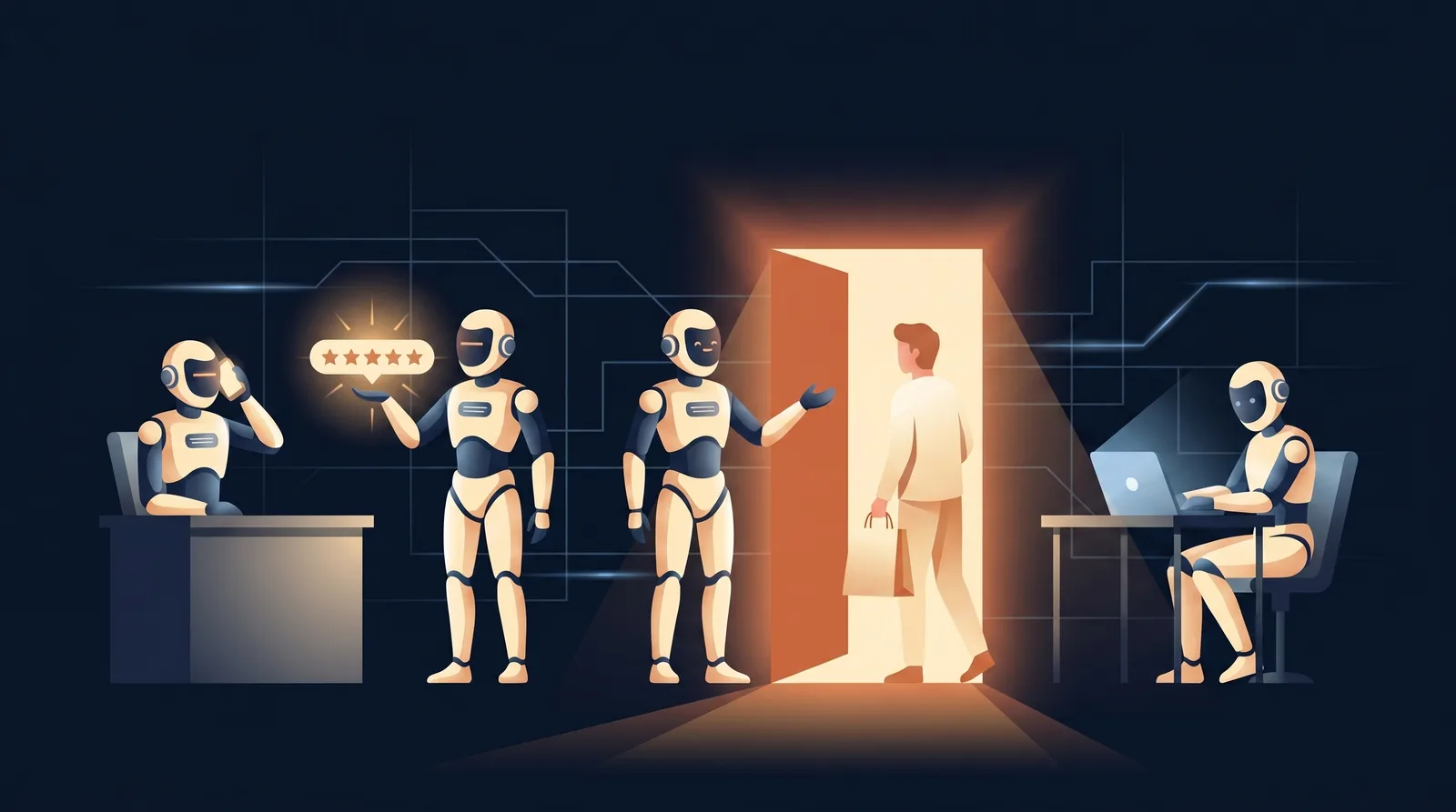 AI teammates around a glowing open doorway: one answering the phone, one holding up a five-star review, one greeting a customer walking through the door, and one replying at a laptop