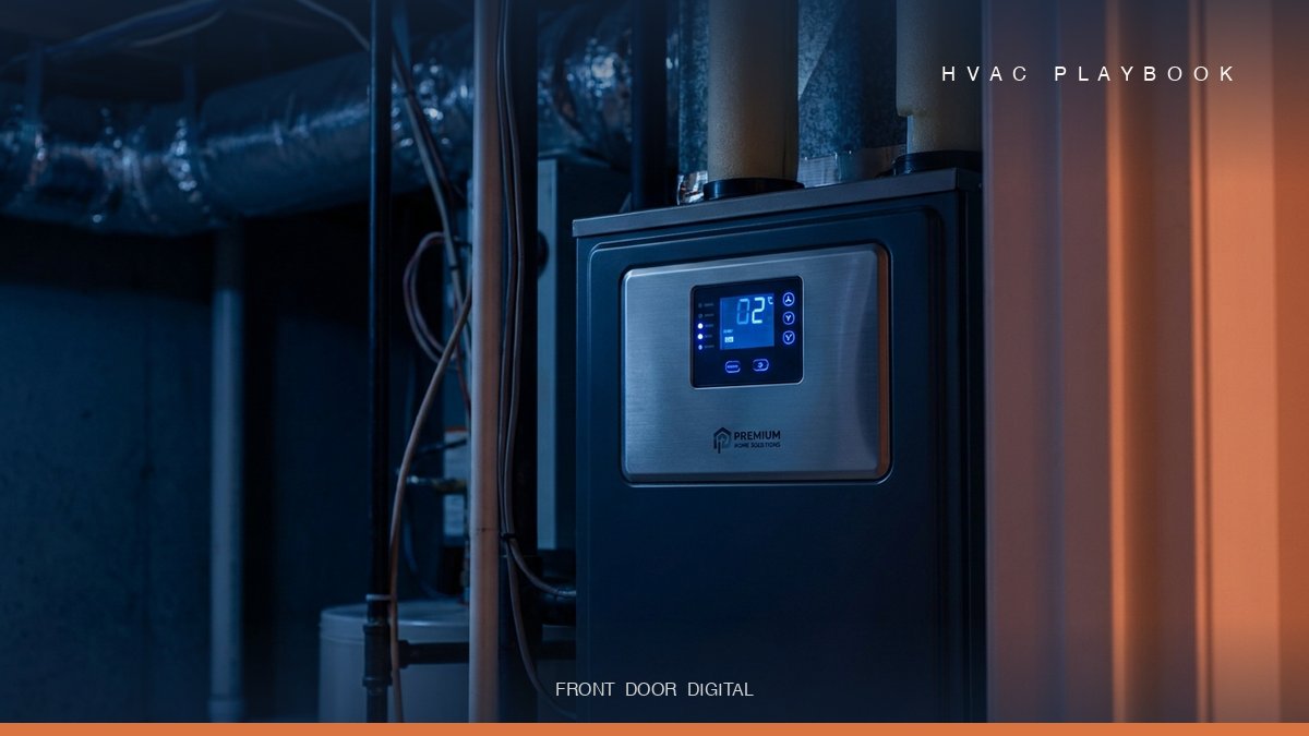 Close-up of a modern residential gas furnace at night with cool blue LED indicators and a warm terracotta accent light