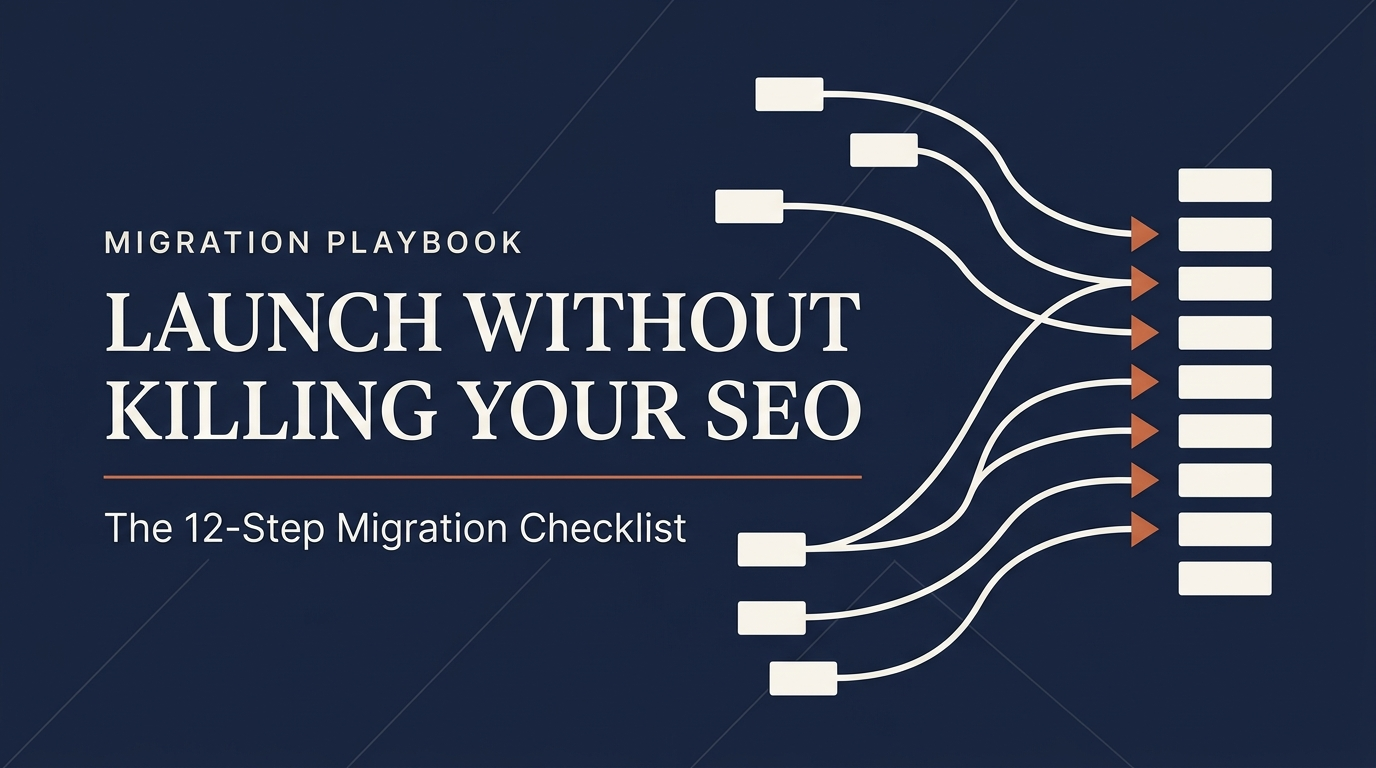 Migration Playbook title card on navy: multiple WordPress URLs flowing through redirect arrows into one unified Next.js sitemap on the right