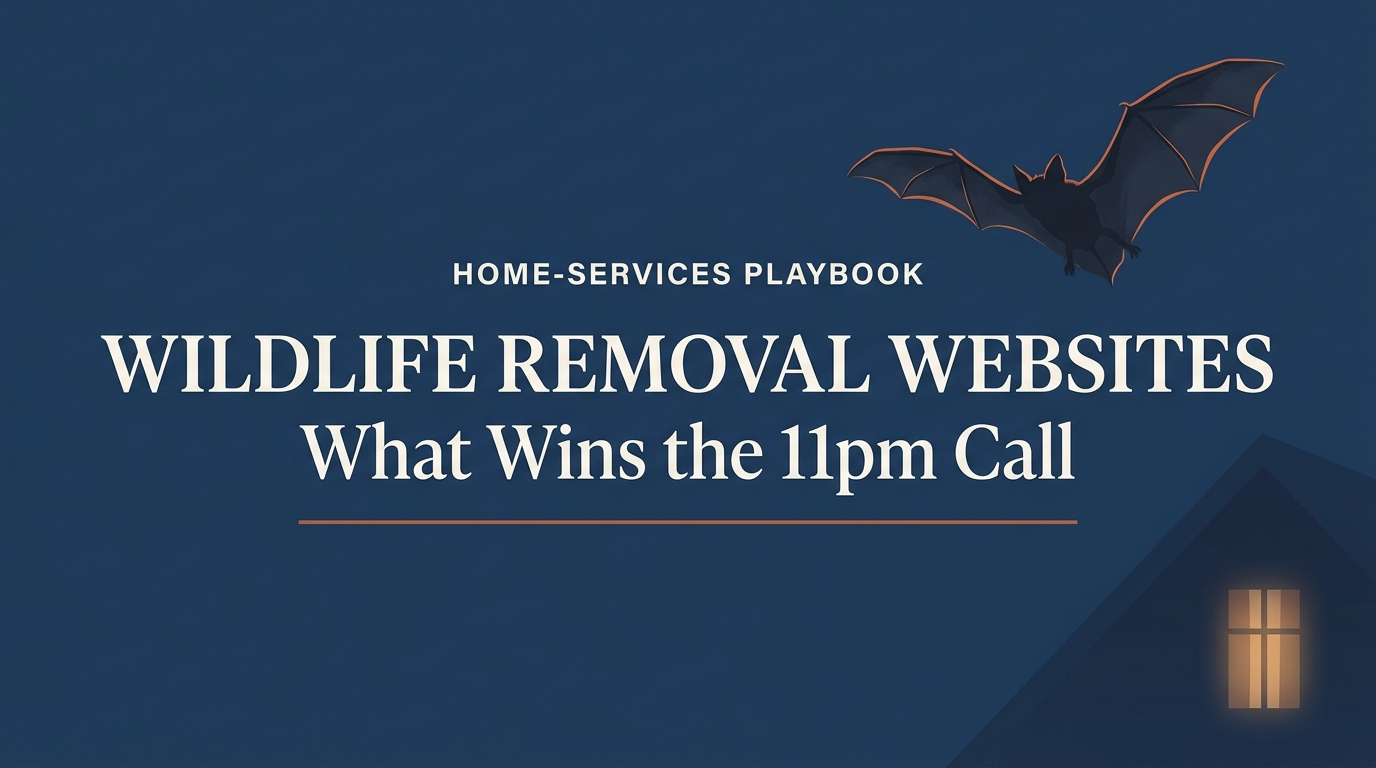 Wildlife Removal Websites title card on navy: a bat silhouette flies above a warm-lit attic dormer at night